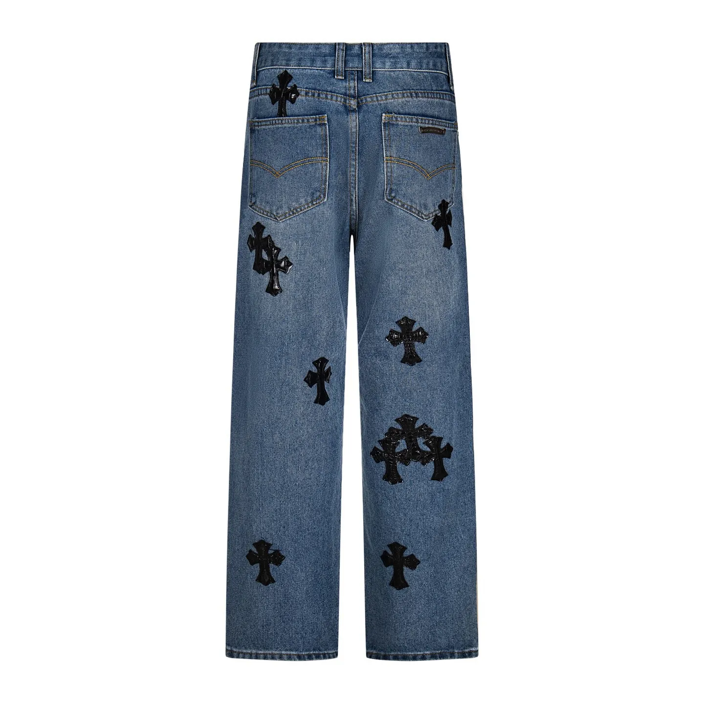 P220 Chrome hearts print stitching black leather classic washed jeans. Really restores the ultimate vintage texture. Three-dimensional version. Loose and comfortable, not picky on the figure. Makes taller and slimmer. Factory precision. Original factory quality control. Same style for men and women. Can be matched with couples. Versatile recommendation. Must-have jeans for all seasons. Fashionistas have been disappointed. From the quality selection of fabrics, the tailoring of details, and the matching of patterns, they are all impeccable! The upper body is so handsome when worn...it can be easily worn by men, women and children! The craftsmanship is made of heavy-duty washed pure cotton denim fabric. After washing, it is soft and thick. It is very stylish when worn on the body. Style number: 1760# Color: blue Size: 28 30 32 34 36